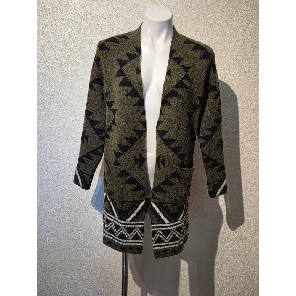 Frye Womens Olive Green Southwestern Geometric Open Front Cardigan Sweater Small
